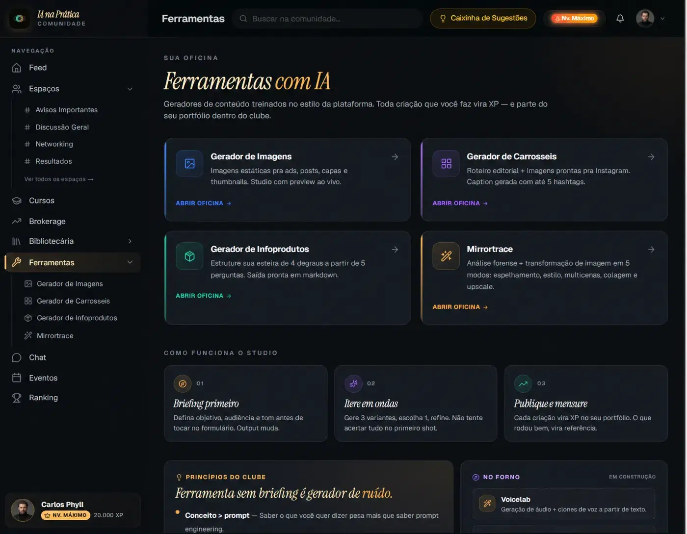 Ferramentas dentro da plataforma
